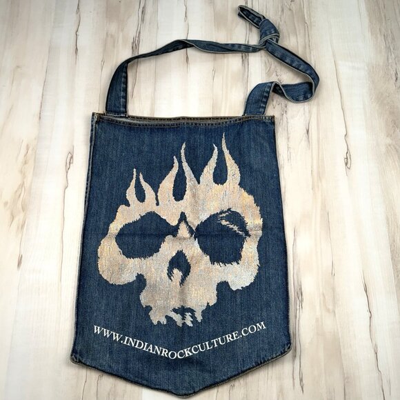 Indian Rock Culture Handbags - INDIAN ROCK CULTURE 14"x19" Blue/Gold Denim Skull Crossbody Tote BAG Purse